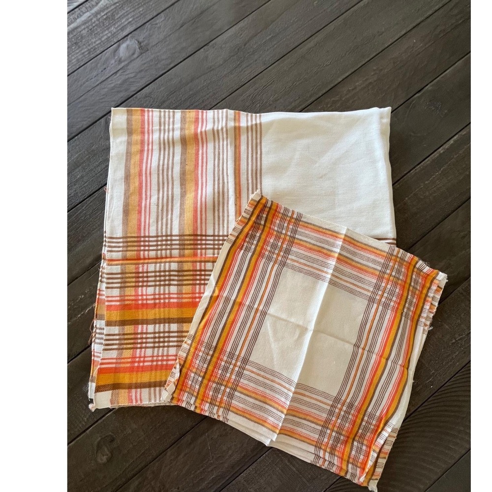 Vintage Retro Plaid Square Tablecloth and Napkin Set Orange Yellow Brown 70s MCM
